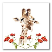 Portret žirafe s crvenim cvjetovima slikam na platnu umjetničkim tiskom