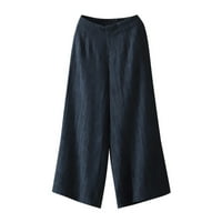 Ženske pamučne lanene Casual Culotte hlače širokih nogavica s elastičnim strukom u struku, tamnoplave hlače