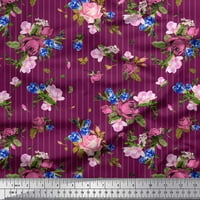 Ružičasta Rajonska krep tkanina U prugama s cvjetnim otiscima ciklame i ruže iz