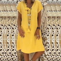 Slatke ljetne haljine, ženska ljetna ležerna čvrsta boja kratkih rukava s V-izrezom za šivanje labave pamučne
