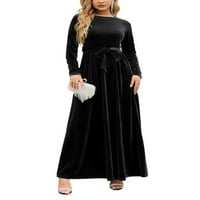 Ženska jednobojna široka haljina, baršunasta Maksi haljina s ljuljačkom, svečana haljina s dugim rukavima, Crna