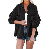 Traper jakna za žene, Ženska ležerna oprana odjeća, preveliki kaput s rupama, jakna dugih rukava, Crna 8