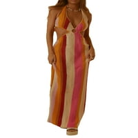 Ženska pletena haljina s dekolteom čamca, bez rukava, otvorena leđa, duga haljina s prorezom, haljina za plažu