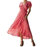 Ženski v vratni cvjetni tiskani maxi haljina s kratkim rukavima crvena s
