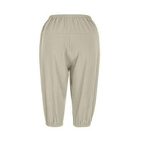 Ženske pamučne i posteljine Capris hlače labave fit elastični struk Čvrsta boja Ravne hlače od sedam točaka ležerne