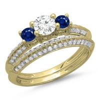 Set vjenčanih prstenova za zaruke od plavog safira i bijelog dijamanta okruglog reza od 14 karata iz kolekcije
