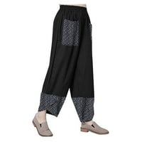 Ženski ljetni struk struka široka noga labave lanene hlače Vintage hlače Udobne elastične hlače Tiskane platnene