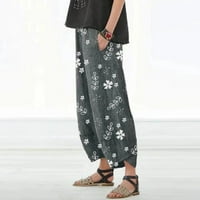 Ženske široke hlače Plus veličine, Ležerne široke pamučne lanene hlače s cvjetnim printom s džepovima elastičnog
