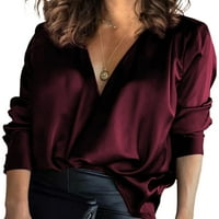 Košulje dugih rukava tunični bluza vrh za žene duboke v vratne majice čvrste boje satenska svila labava ležerna