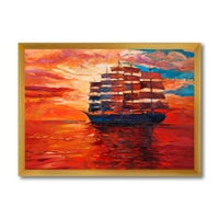 Fregata tijekom Crvenog večernjeg sjaja na horizontu oceana uokvirena slika umjetnički tisak na platnu