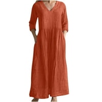 GUZOM Womens Fall Haljine - casual lane dugih rukava Čvrsta boja V -izreza maxi haljina narančasta