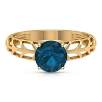 1K Londonski plavi topaz Ženski pasijans, elegantni plavi topaz zlatni prsten, poklon za nju, 14k žuto zlato,