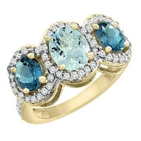 14k žuto zlato, prirodni akvamarin i londonski plavi topaz, prsten od 3 kamena, ovalni dijamantni naglasak, veličina