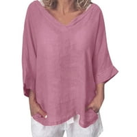 Ženska modna ženska majica dugih rukava s izrezom u obliku slova U, obična ležerna bluza, vrhovi u ružičastoj