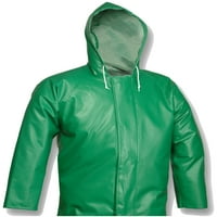 Velika zelena kišna jakna od PVC-a, najlona i poliestera s olujnim preklopom sprijeda s patentnim zatvaračem i