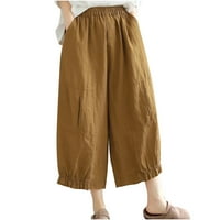 Pamučne lanene hlače za žene s labavim elastičnim pojasom i džepovima, široke hlače za slobodno vrijeme