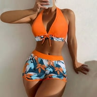 Ženski bikini postavlja dva kupaća kostim visokog struka V vrat Uvijanje prednje podesive špagete naramenice za