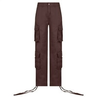 Ženske široke teretne hlače visokog struka, ravne široke široke hlače s džepovima, jednobojne Duge hlače u boji