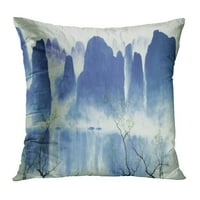 Plava slika planine čamci Voda i magla zen krajolik Cloud Crtanje brda jastuk jastuč